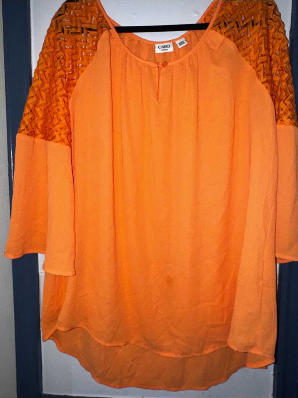Cato - Orange Peasant Blouse with Lace Yoke